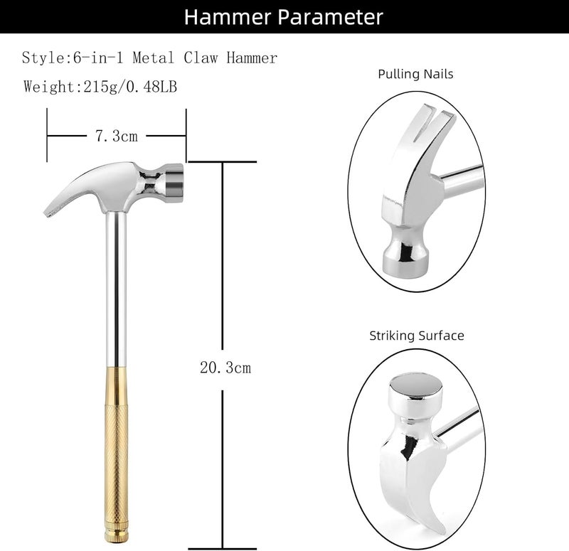 Kinobo Small Metal Hammer 6 in 1 with Slotted/Flat Head Phillips Screwdriver Claw Hammer Manual, Portable Multifunction Tool Hammer (Gold Silver) - Image 2